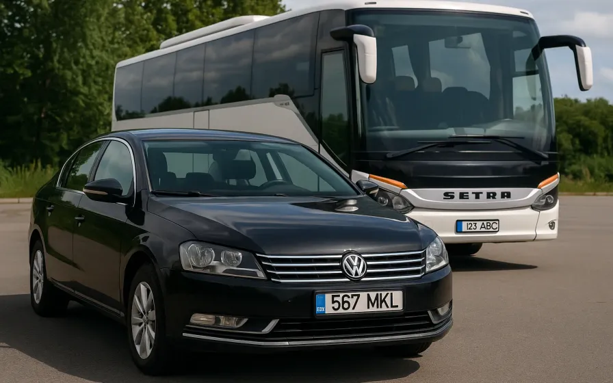 Black sedan parked beside a white coach