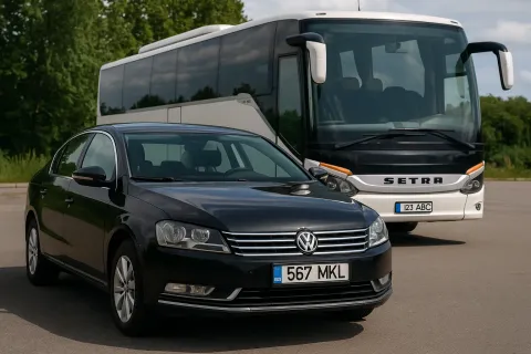 Black sedan parked beside a white coach