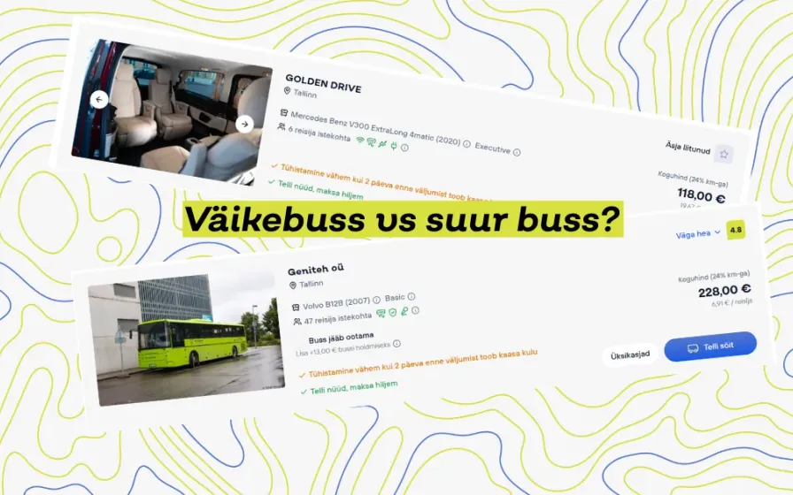 Minivani salong ja suur buss tänaval