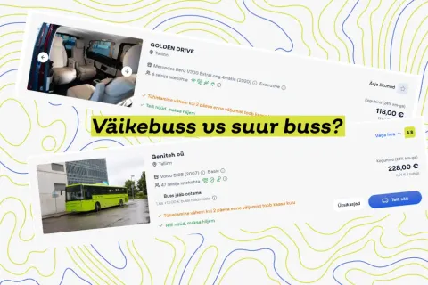 Minivani salong ja suur buss tänaval