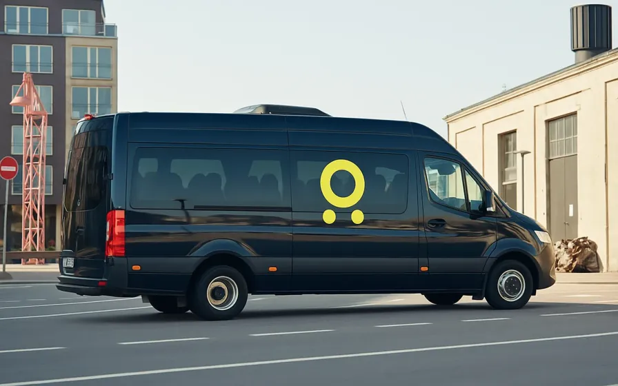 Black van with yellow logo decal on a street