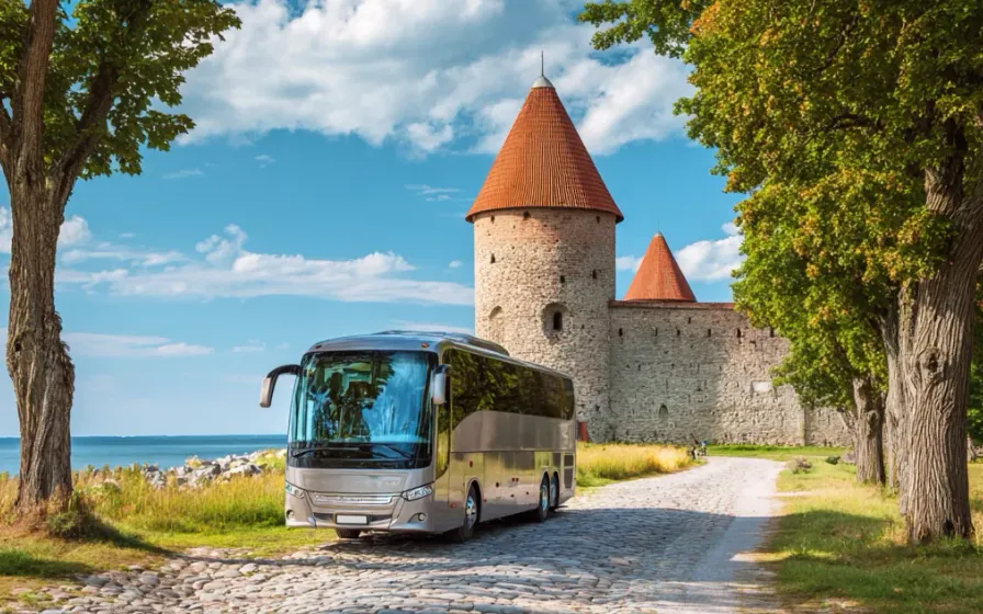Tour bus parked beside a stone castle