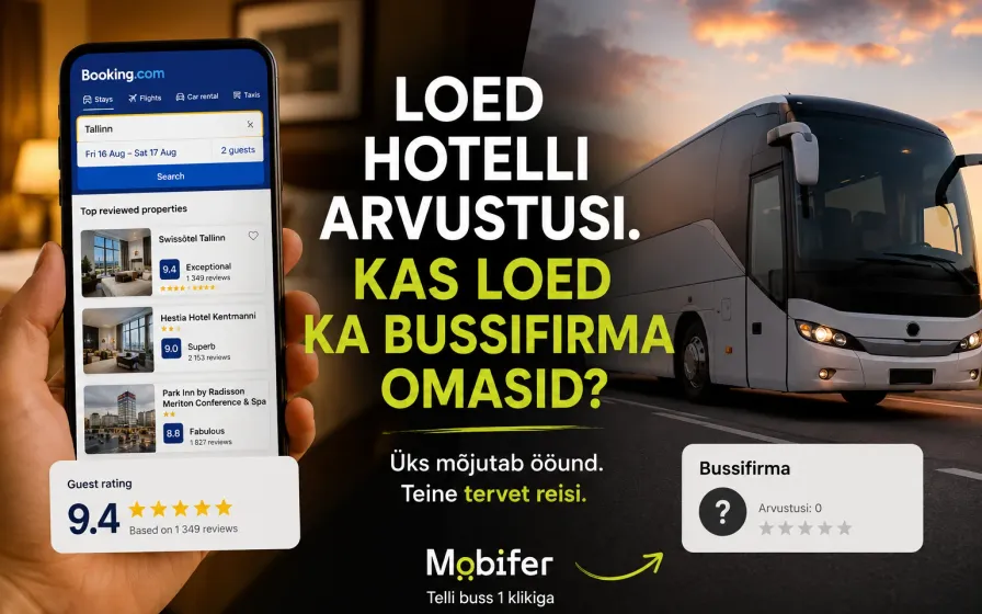 Telefon hotellivõrdlusega ja turismibuss õhtuvalguses