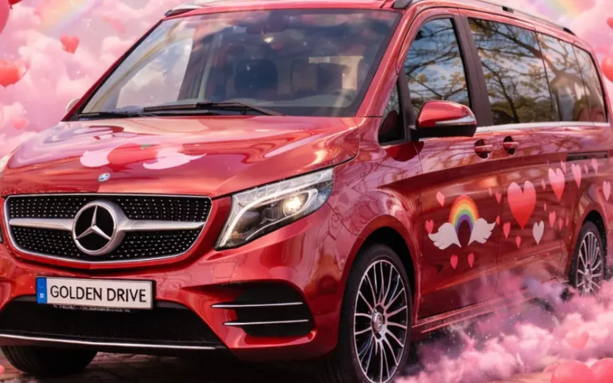 Red minivan with heart decorations