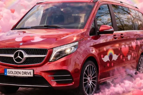 Red minivan with heart decorations