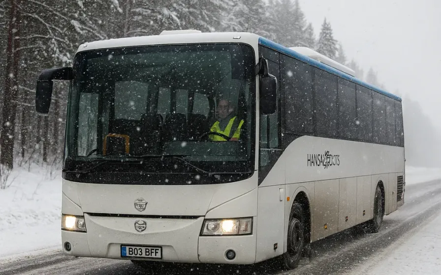 Coach bus driving through heavy snowfall