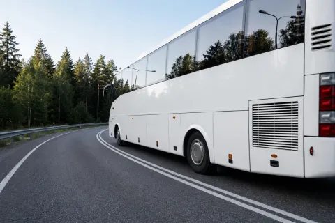 Valge buss kurvilisel metsateel