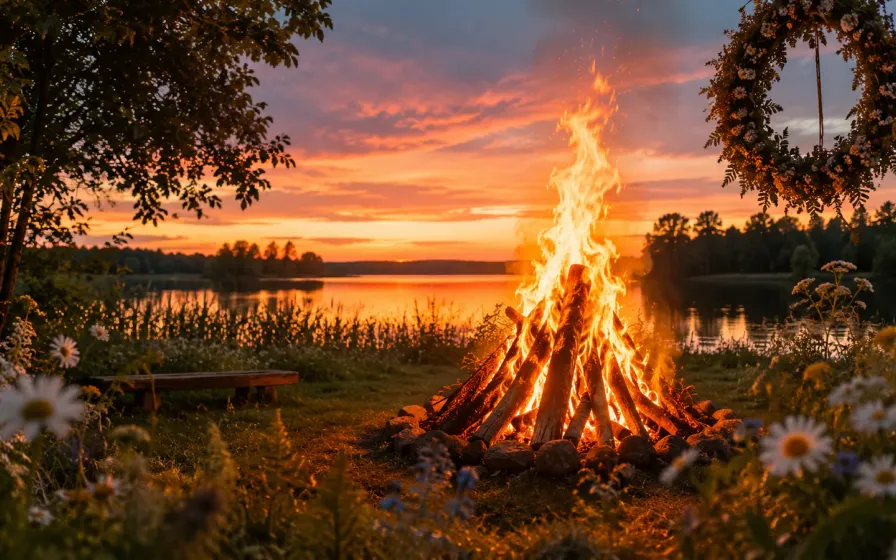 Lõkketuli järve ääres päikeseloojangul