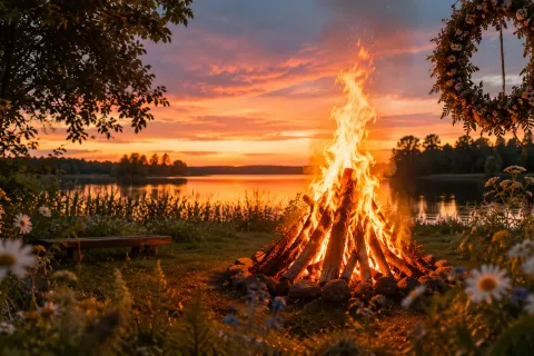 Lõkketuli järve ääres päikeseloojangul