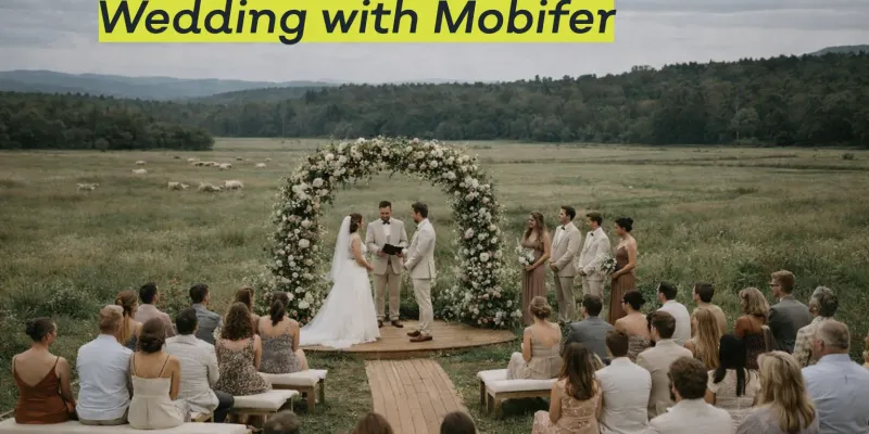 Outdoor wedding ceremony with seated guests