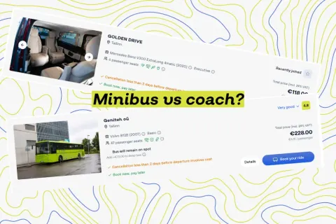Minibus interior and green coach booking listings