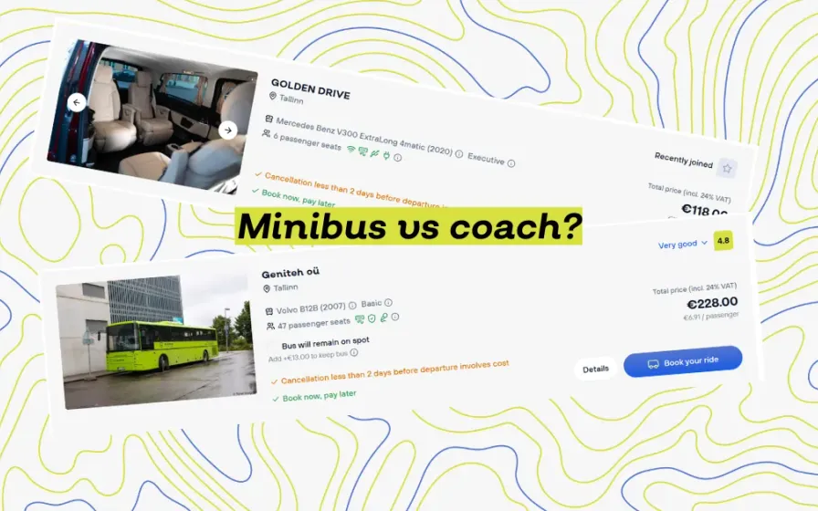 Minibus interior and green coach booking listings