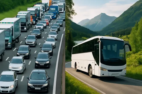 Traffic jam beside a coach bus on a mountain road