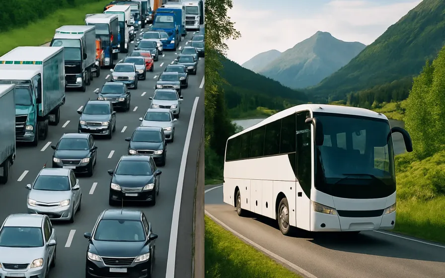 Traffic jam beside a coach bus on a mountain road